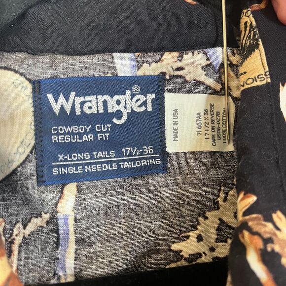 VTG Wrangler PRCA Shirt Mens 17 1/2 36 Black Button All Over Print Rodeo Ranch - Picture 11 of 13